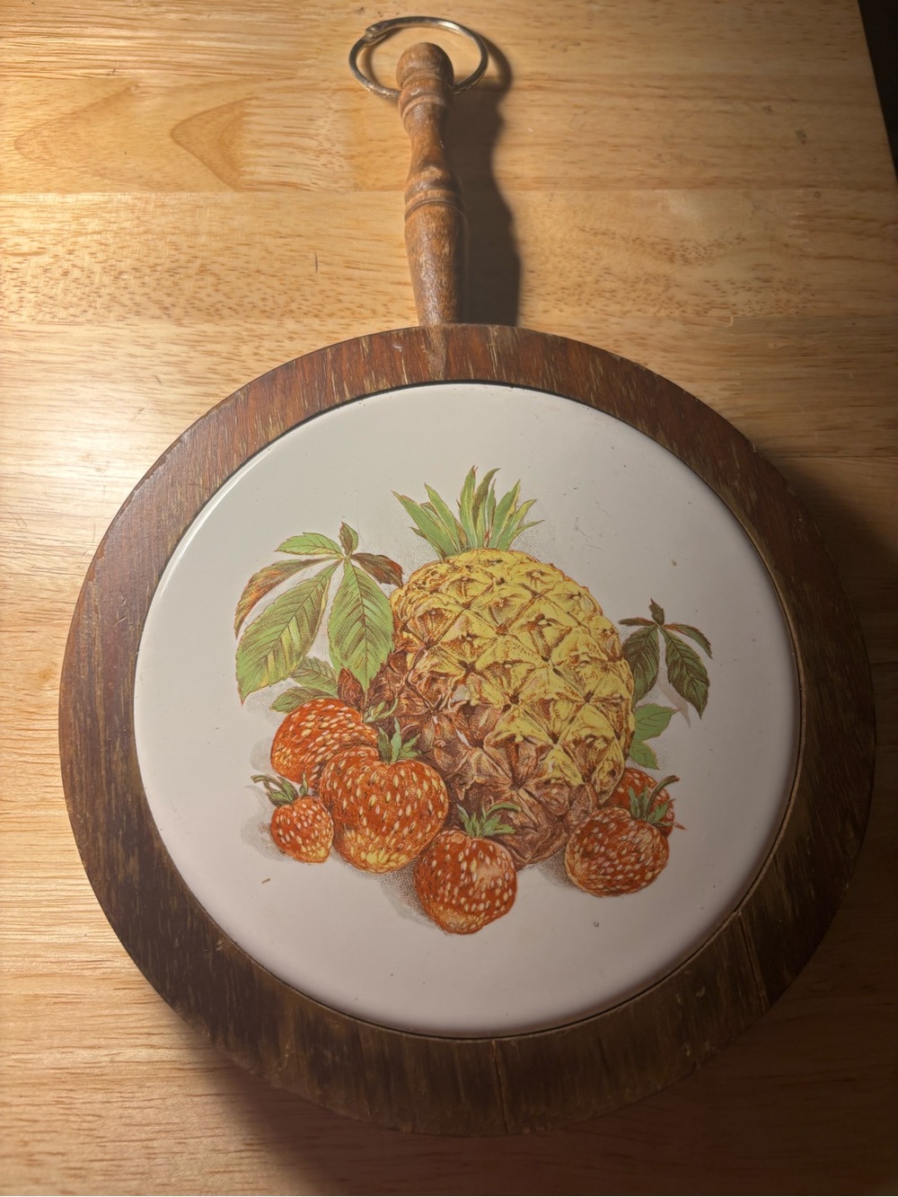 Decorative Pineapple & Strawberry Ceramic Trivet with Wooden Handle - Brown